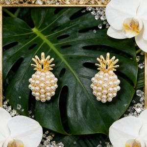 Delicate Pearl Pineapple Earrings Gold Tone Studs